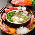 Shabu shabu, beautifully decorated Japanese food, is on the table. There is food in the soup pot. colorful and Appetizing