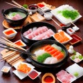 Shabu shabu, a Japanese dish with meat and vegetables beautifully arranged on a table and a soup pot, Appetizing and is unique.