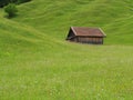 Farm shed in green hills of alpine upland summer season nature Royalty Free Stock Photo