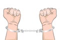 Shackled Hands in handcuffs. .Man in jail prisoner.