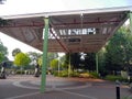 Shade structure in park reflecting the industrial past of the place