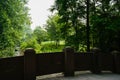 Shaded arch stone bridge in woods of sunny summer morning