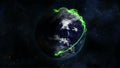 Shaded and cloudy Earth turning with green connections on itself with Earth image curtesy of Nasa. or