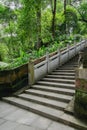 Shaded hillside stone stairway with embossed balustrade in woods