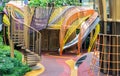 Shaded kid`s playground activity tower equipment at park. Children`s playing area indoor with toys equipment Royalty Free Stock Photo