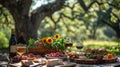 A shaded picnic under an oak tree featuring charcuterie, salads, and desse