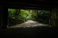 Shaded way under highway bridge in sunny summer morning