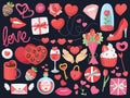 Collection of cute simple Valentine\'s Day related items and objects. Colorful vector illustrations with basic shading.