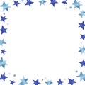 Shades of blue watercolor stars clipart square frame, white background, simple stars arrangement, space for text, premade design