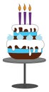 A big fondant birthday cake mounted on a grey cake stand vector or color illustration