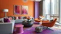 Shades of tangerine and magenta create an eyecatching color contrast in this living room adding an element of fun to the