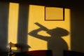 Shadow of the alcoholic drinking from a bottle on a yellow wall from a sunset Royalty Free Stock Photo