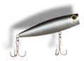 Shadow behind and above a silver artificial fishing lure with treble hooks