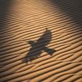 Shadow of a bird in flight is cast on the rippled surface of sand dunes, creating a Royalty Free Stock Photo