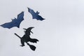 The shadow of a black witch on a broom surrounded by bats on a colored background.