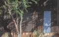 The shadow of the bright sunlight shining through trees and leaves front of Old and rusty zinc sheet wall house fence beautifully Royalty Free Stock Photo