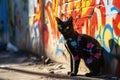 the shadow of a cat puppet on a colorful graffiti wall