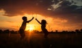 shadow of children playing in a field of flowers at sunset, ai generative Royalty Free Stock Photo