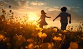 shadow of children playing in a field of flowers at sunset, ai generative Royalty Free Stock Photo