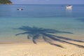 Shadow coconut palm tree over sand beach near blue sea water in Thailand. Summer, travel, vacation and holiday concept Royalty Free Stock Photo