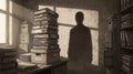 Shadow of a figure looms over a mountain of documents in an old office room, creating a sense of foreboding Royalty Free Stock Photo