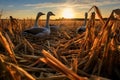 shadow of a flock of geese on a sunlit wheat field Royalty Free Stock Photo