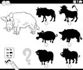 Shadow game with cartoon wild boar animal coloring page