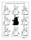 Shadow game with cute little snowman decorating christmas tree: Find the picture that matches the shadow.