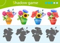 Shadow Game for kids. Match the right shadow. Baskets of vegetables. Bouquets of wild flowers in a vases. Dandelion,bluebell or