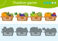 Shadow Game for kids. Match the right shadow. Baskets of vegetables. Cabbage, beetroot, tomato, eggplant, pumpkin, carrot,