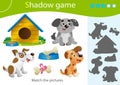 Shadow Game for kids. Match the right shadow. Color image of cartoon dogs. Pets. Worksheet vector design for children and for