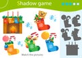 Shadow Game for kids. Match the right shadow. Color image of Christmas Socks, Christmas boots with gifts, toys and sweets.