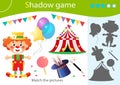 Shadow Game for kids. Match the right shadow. Color image of circus, clown, balloons, lollipop, hat with magic wand. Worksheet