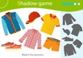 Shadow Game for kids. Match the right shadow. Color image of male clothing. Tee shirt, shorts, shirt, jeans, sneakers and baseball