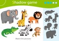 Shadow Game for kids. Match the right shadow. Color images of animals of Africa. Zebra, crocodile, giraffe, monkey, lion, elephant