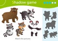 Shadow Game for kids. Match the right shadow. Color images of animals. Panda, raccoon, chipmunk, badger, bear. Worksheet vector
