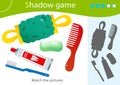 Shadow Game for kids. Match the right shadow. Color images of care and hygiene items. Toothpaste with brush, soap, washcloth, comb