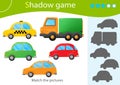 Shadow Game for kids. Match the right shadow. Color images of cartoon cars. Taxi, passenger cars and truck. Transport or vehicle.