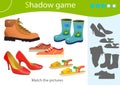 Shadow Game for kids. Match the right shadow. Color images of cartoon shoes. Sports sneakers, children`s boots, women`s pair of