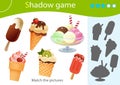 Shadow Game for kids. Match the right shadow. Color images of ice cream. Plombir and fruit ice. Ice cream in a waffle Cup and