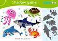 Shadow Game for kids. Match the right shadow. Color images of jellyfish, turtle, dolphin, crab, shark. Marine life. Worksheet