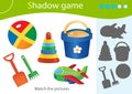 Shadow Game for kids. Match the right shadow. Color images of toys. Toy shovel with bucket, ball, pyramid, plane. Worksheet vector Royalty Free Stock Photo