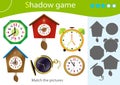 Shadow Game for kids. Match the right shadow. Color images of watches. Alarm clock, wall clock with cuckoo, electronic timepiece, Royalty Free Stock Photo