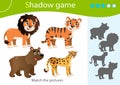 Shadow Game for kids. Match the right shadow. Color images of wild animals. Bear, Lion, Tiger, Cheetah. Worksheet vector design