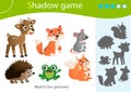 Shadow Game for kids. Match the right shadow. Color images of wild animals. Hedgehog, fox, frog, mouse, squirrel, deer. Worksheet