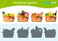 Shadow Game for kids. Match the right shadow. Grocery baskets or food baskets with goods. Shop and purchases. Worksheet vector