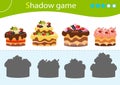 Shadow Game for kids. Match the right shadow. Holiday cakes. Pastry and bakery. Worksheet vector design for children