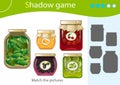 Shadow Game for kids. Match the right shadow. Jars of jams and pickles. Blackcurrant, cherry, gooseberry, orange, pickled