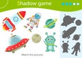 Shadow Game for kids. Match the right shadow. Color image of astronaut with rocket, of aliens with flying saucer and planets with