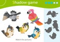 Shadow Game for kids. Match the right shadow. Color images of cartoon birds. Crow, parrot, sparrow, titmouse. Worksheet vector